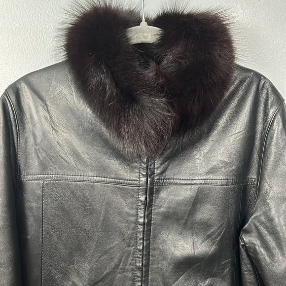Vintage Black Leather Zipper Front Fur collar, sleeve w faux fur lining size 4-6 - Picture 5 of 16